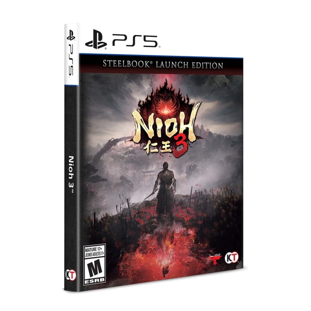 Nioh 3 Steelbook Launch Edition for PlayStation 5 featuring a samurai warrior standing on a misty battlefield with a sword, reflected in a fiery red pool below, beneath dark clouds and a glowing yokai symbol above the game title, suitable for action RPG enthusiasts.