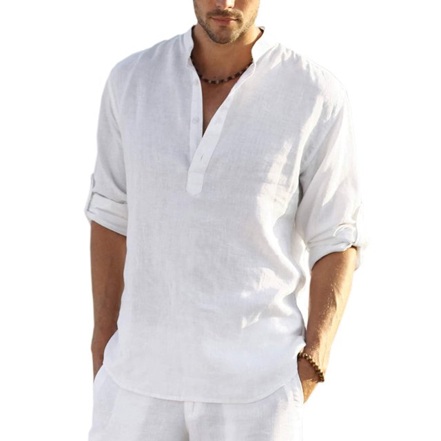 Wangsaura Men's Casual Shirt Solid Color Long Sleeve Stand Collar Button Tops