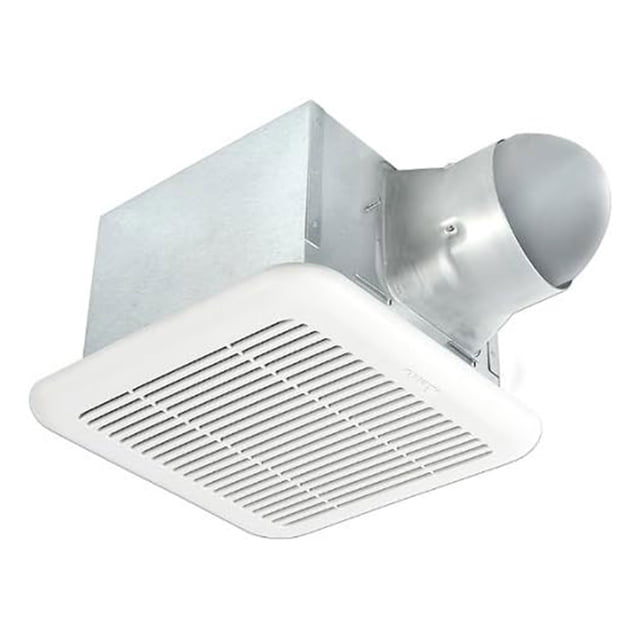 Delta Breez Signature Exhaust Bathroom Fan with Dual Speed, 80/110 CFM, White. This fan features a sleek white grille and galvanized steel housing, designed for efficient and quiet ventilation. It operates at less than 0.3 Sones with a brushless DC motor and offers adjustable speeds of 80 and 110 CFM. Includes a 6-inch to 4-inch duct reducer for versatile installation and green and amber LED indicators for speed modes.
