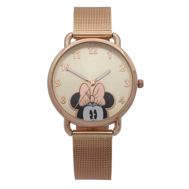Adult Minnie Mouse Mesh Bracelet Watch front-facing 35mm rose gold case with matching rose gold mesh strap and buckle, rose gold dial and hands, visible stainless steel case back; licensed Minnie Mouse branding, quartz movement and 240 mm strap length, suitable for everyday wear or as a gift.