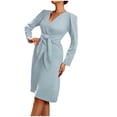 thumbnail image 2 of Drppepioner Robe pour Femme Décolleté en V Profond Manches Longues Ceinture à la Taille Volants Mini Évasée Patineuse Robes Mode Femmes Aguichant Uni Fermeture Éclair Manches Longues Décolleté en V Robe Régulière Bleu Ciel, 2 of 9