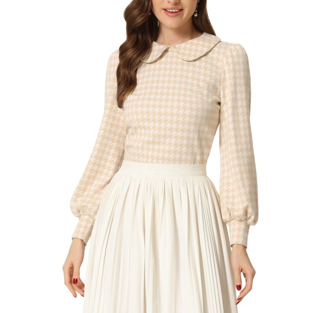 INSPIRE CHIC Womens' Peter Pan Collar Houndstooth Plaid Long Sleeve Button Back Blouses XL Khaki