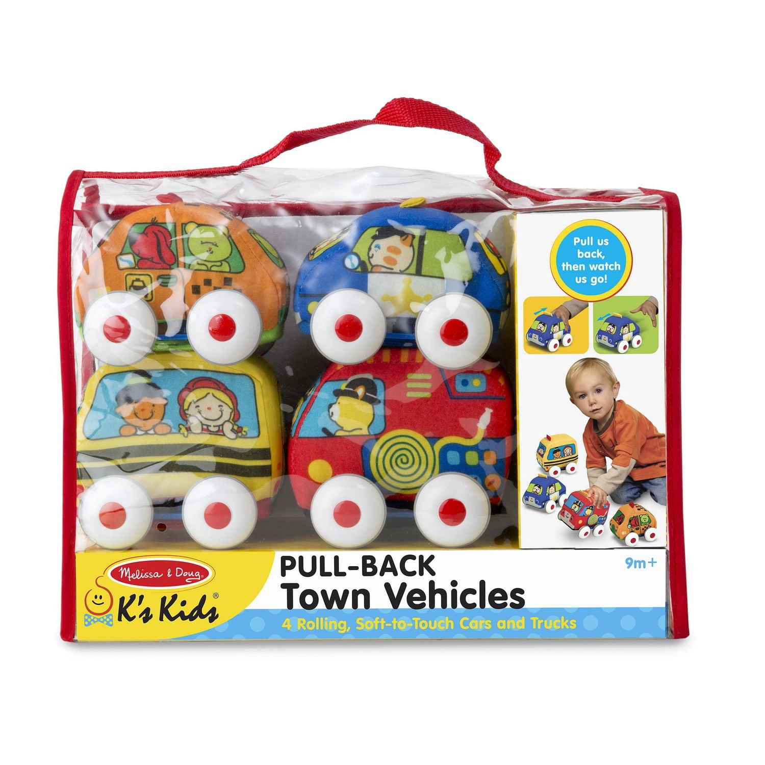 Melissa & Doug K’s Kids Pull-Back Vehicle Set - Ensemble de jouets doux pour bébé avec 4 voitures et camions et étui de transport