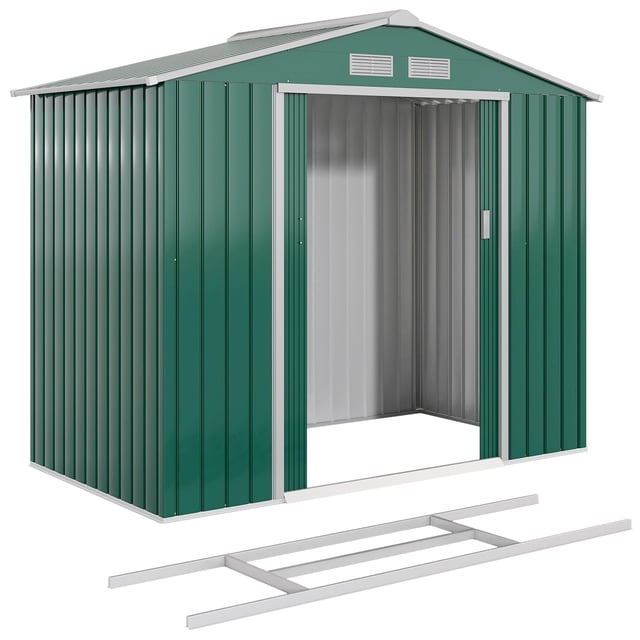7' x 4' Garden Storage Shed with Foundation Kit and Double Doors in green by Outsunny. Constructed from galvanized steel with a painted surface for corrosion resistance, it includes reinforced ridged walls, a sloped roof, and four vents for airflow. Features double sliding doors for easy access and a steel foundation kit for stability. Suitable for storing garden tools, lawn equipment, and supplies. Assembly required.
