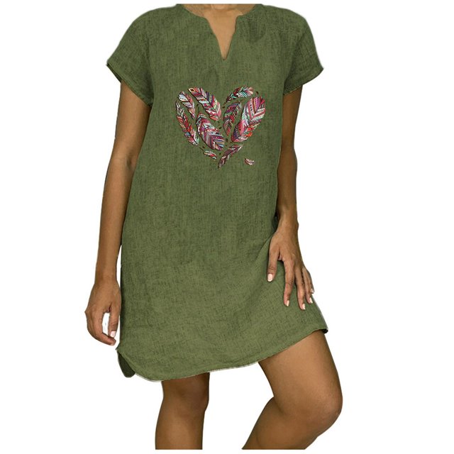 Fridja Womens Summer Casual Cotton Linen Short Sleeve Dress