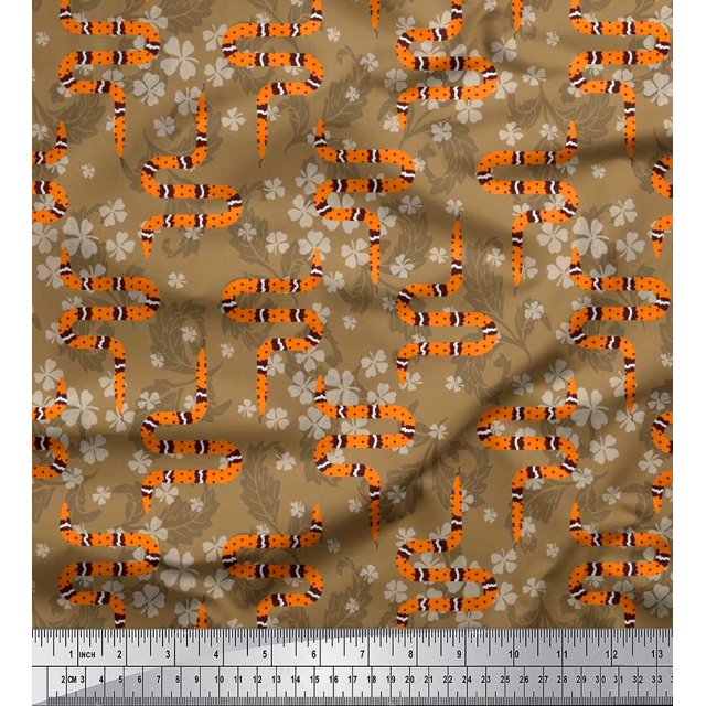 Soimoi Tissu Satin Modal Marron Feuilles, Imprimé Floral Blanc & Serpent au Mètre 42 Pouces de Large