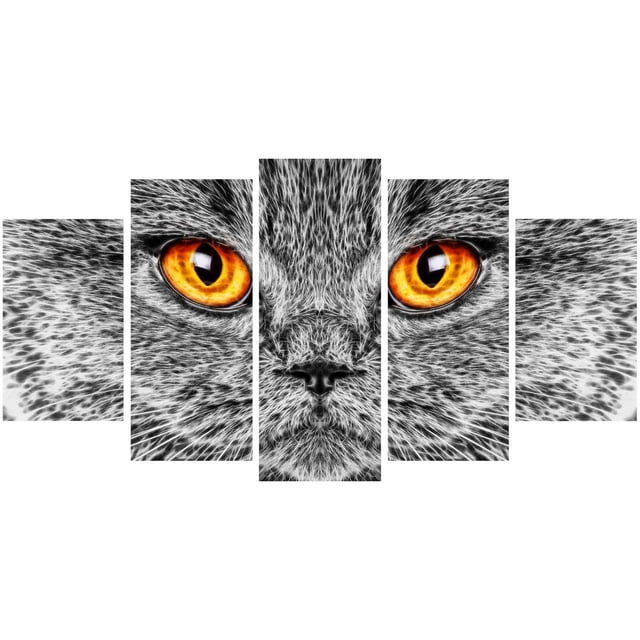 Design Art Gray CAT Animal Art Multi-Panel Canvas Wall Art depicting a close-up of a gray cat's face with bright orange eyes across five gallery wrapped cotton canvas panels, ready to hang with included hardware, designed and made in Canada, ideal for home or office wall décor.