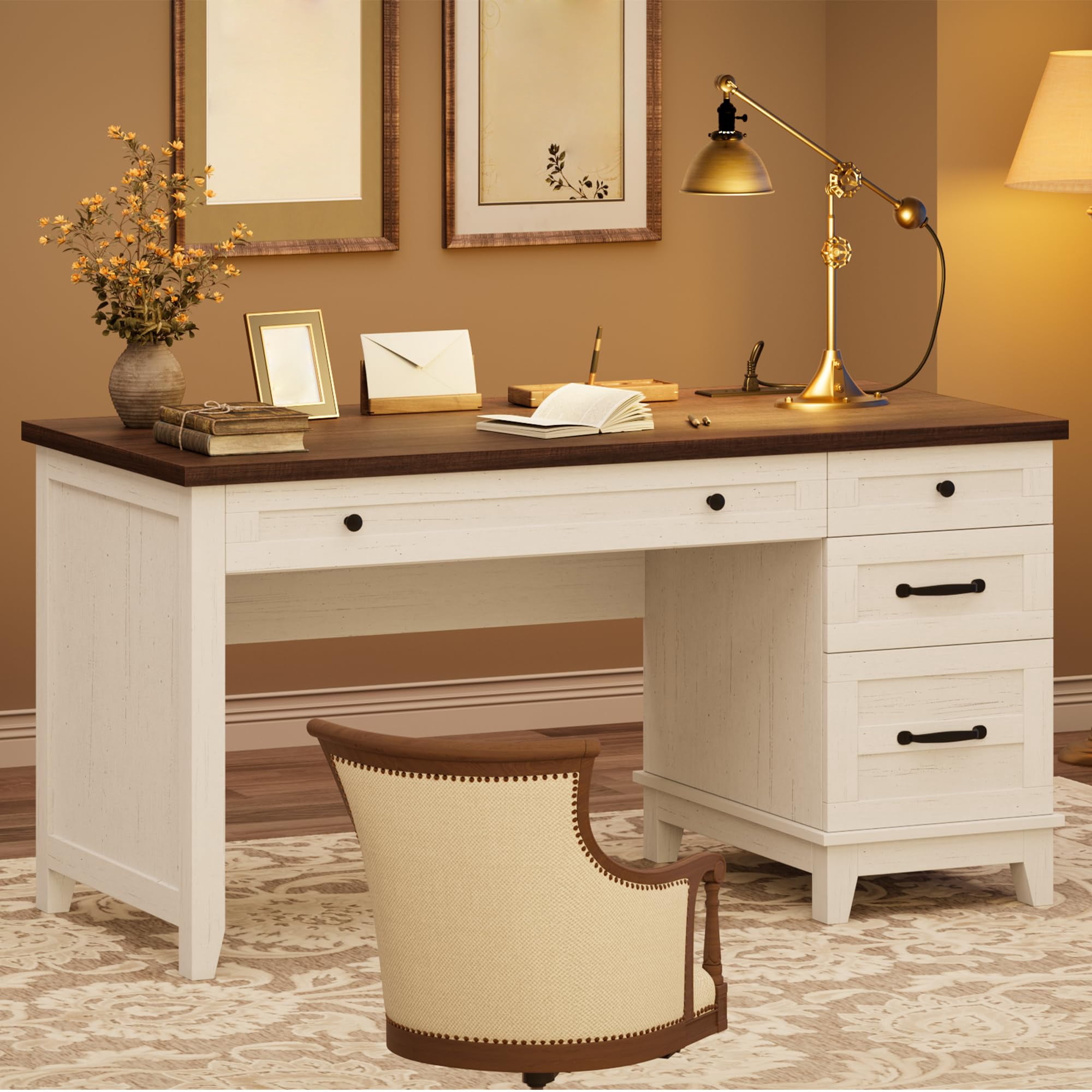 BeesClover Farmhouse Office Desk with Charging Station & File Drawer | 53.5" Wooden Computer Desk with Built-in USB Ports, Executive Computer Desk Workspace for Home Office
