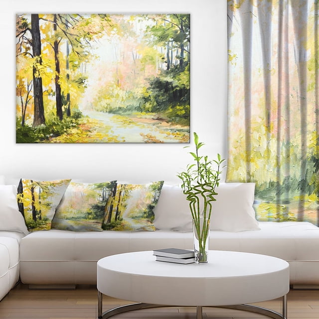 Impression sur Toile de Route Artistique dans une Forêt Colorée, Impression sur Toile de Coton Enveloppée pour Galerie Représentant un Sentier Forestier Automnal Lumineux dans des Tons Jaunes et Verts, Exposée au-Dessus d'Un sofa Blanc avec Coussins et Rideaux Assortis, Prête à Accrocher avec Quincaillerie Incluse.