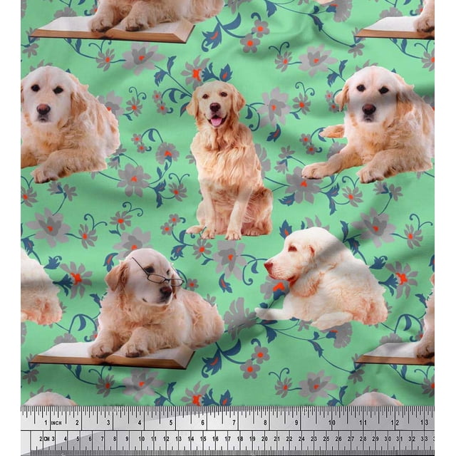 Soimoi Modal Satin Fabric Floral,Book & Golden Retriever Dog Fabric Prints by Yard 42 Inch Wide