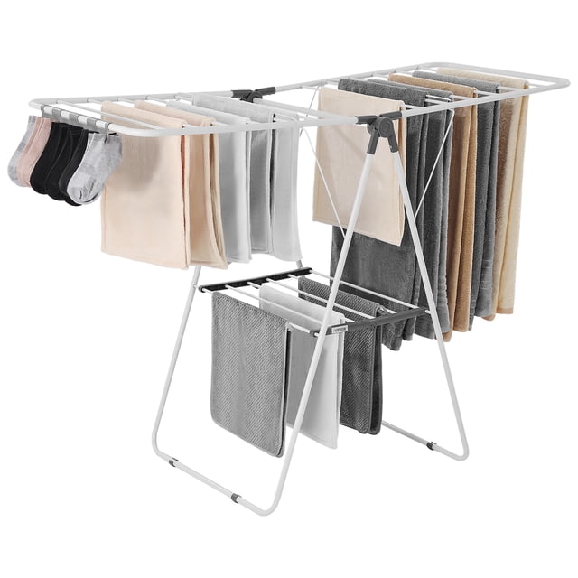 VEVOR 2-Tier Foldable Clothes Drying Rack with Sock Clips & 21 Drying Rods in white, fully extended and holding towels, socks, and fabrics. Made of durable iron and PP plastic, it features adjustable height, a foldable design for compact storage, and is ideal for laundry drying and space-saving solutions.