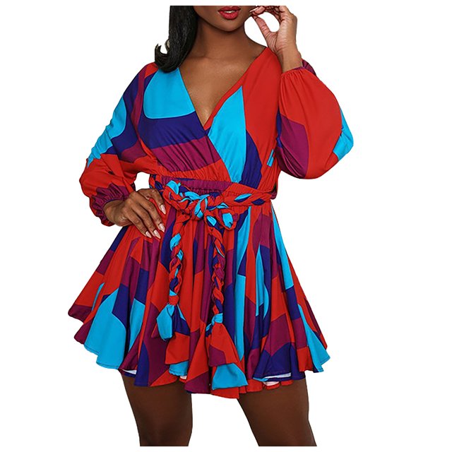Fridja Womens Print V-Cou Tissé Robe de Banquet avec Ceinture Grande Taille