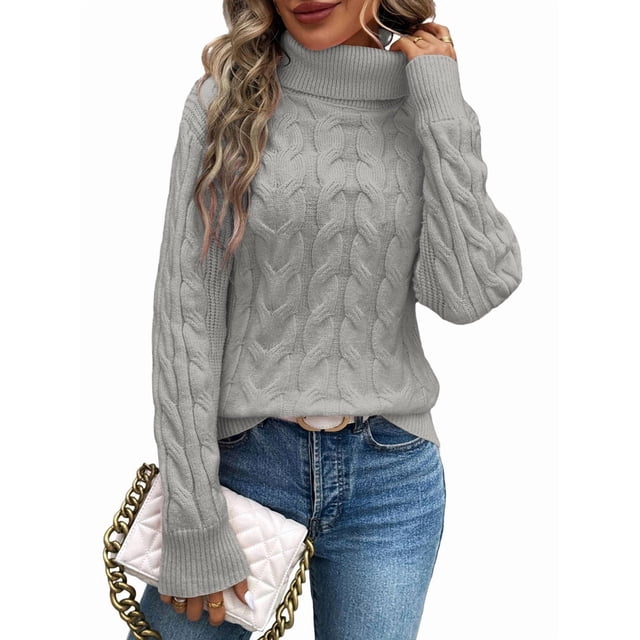 Chandails à Col Roulé pour Femmes, Tricot Torsadé, Manches Longues, Chandail, Haut, Automne Hiver, Décontracté, Uni, Gris, M
