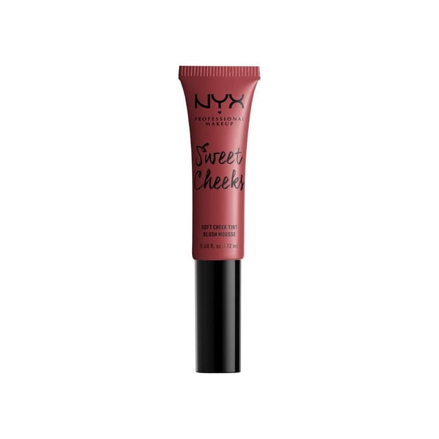 NYX Professional Makeup Sweet Cheeks Soft Cheek Tint in a vertical tube with matte dusty rose upper section and black base, labeled with black text, containing 12 ml of vegan cream blush mousse for a natural, buildable finish and lightweight second-skin feel, suitable for creating a naturally flushed look.