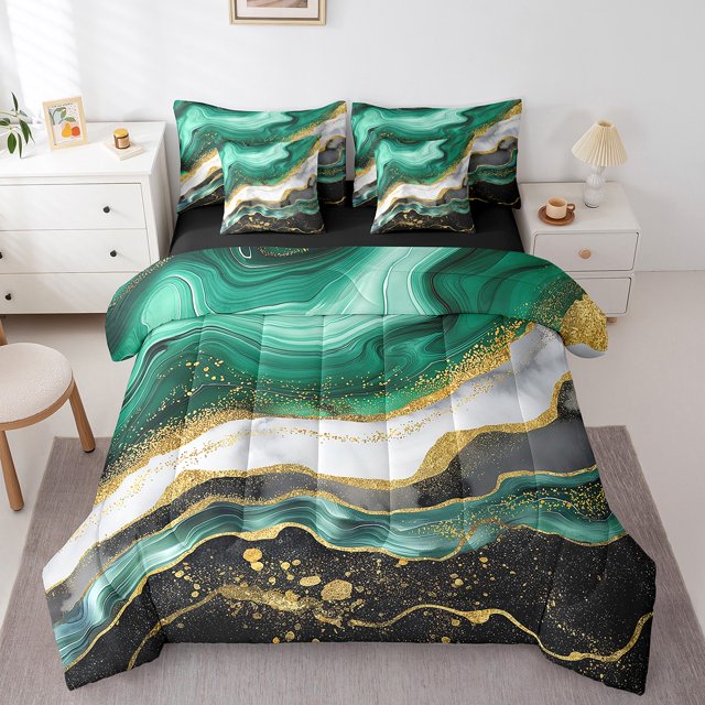 YST Green Marble 7-Piece Abstract Art Bedding Set, Twin Size Comforter Set, Stone Pattern, Gold Metallic