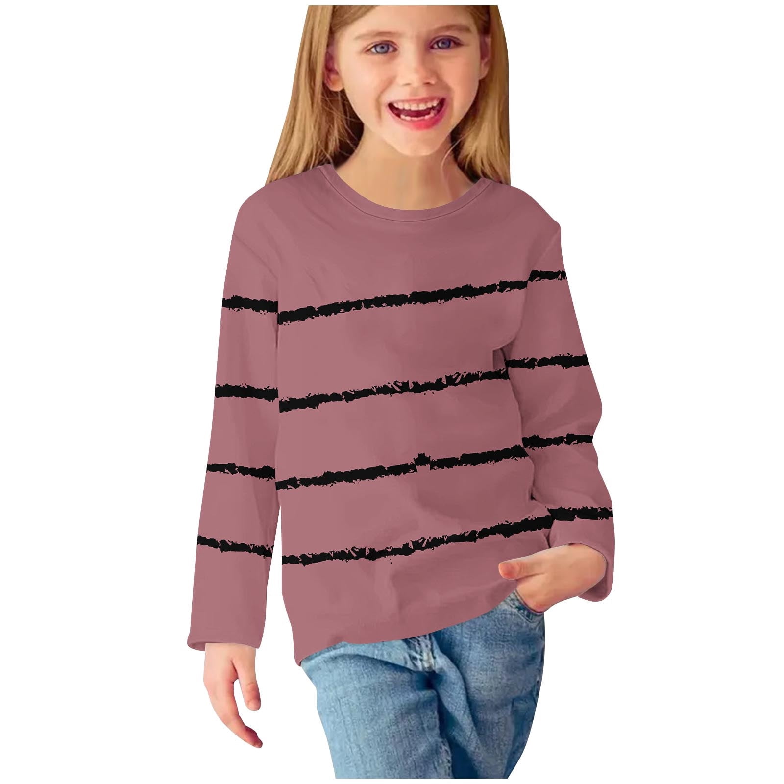 AherBiu T-Shirts à Manches Longues pour Tout-Petites Filles, Col Ras du Cou Décontracté, Rayés, T-Shirts pour Enfants Confortables d'Automne, Hauts pour Enfants