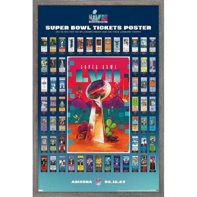 NFL League - Super Bowl LVII Ticket Collage Wall Affiche, 22.375 Pouces x 34 Pouces, Mettant en Vedette une illustration Centrale et Colorée du Trophée Vince Lombardi avec des Feux d'Artifice et des Paysages du Désert, Entourée d'Un Collage de Motifs de Billets Super Bowl Historiques Arrangés en Rangées sur un Fond Bleu, Datée Arizona 02.12.23, Imprimée sur Papier d'Affiche Brillant, Convient à la