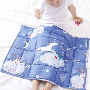 HHHC Couverture pondérée Enfants 2 Lbs 36x48 pouces coton égyptien 600TC Blankets pondérés pour tout-petits, Blankettes à lancer pondérées pour lit de taille enfant avec perles en verre Imprimé Licorne bleue