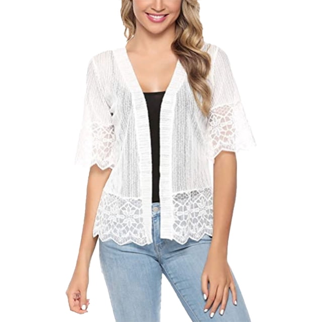 Gupgi Women Open Front Shrug, Short Sleeve Lace Patchwork Sheer Cover Up