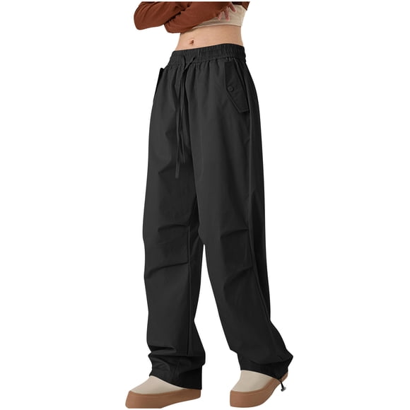 Ladies Waterproof Outdoor Pants Drawstring Elastic High Waist Sweatpants Loose Baggy Cargo Hiking Trousers with Pockets Ladies Trousers Black M