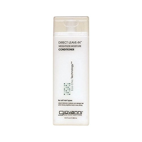 Giovanni Direct Leave In Treatment Conditioner, 8.5 oz (250 mL). Front-facing bottle. Leave-in conditioner for all hair types that detangles, moisturizes and helps plump each strand for lasting thickness; contains a botanical infusion including rosemary and chamomile. Directions: apply a small amount to wet or dry hair, comb through and do not rinse out. Often used as a styling primer before heat tools.