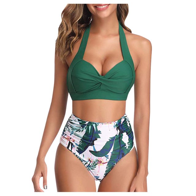 Women Vintage Swimsuit Two Piece Retro Halter Ruched High Waist Print Bikini Set