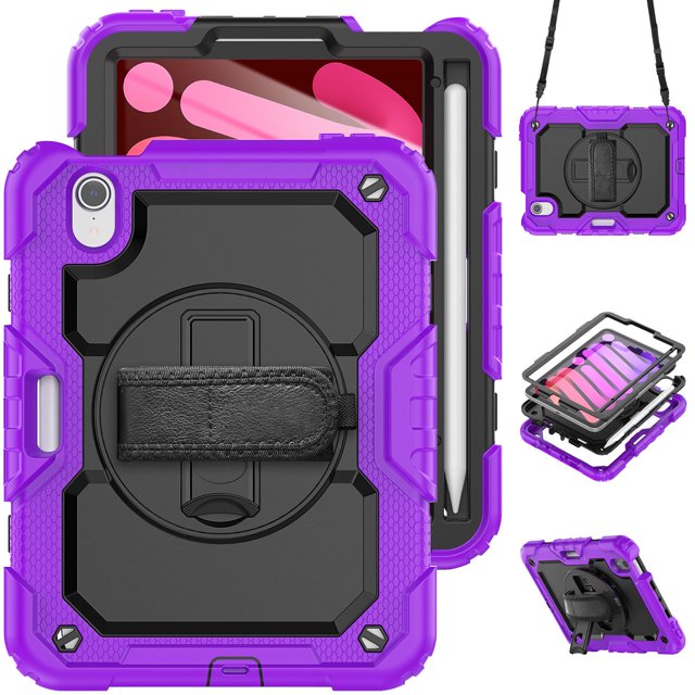 Case for iPad Mini 7 A17 Pro 2024/Mini 6 2021 8.3 Inch 7th/6th Gen with Screen Protector, 360 Degree Rotating Kickstand Hand Strap Shockproof Cover with Shoulder Strap, Purple