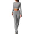 thumbnail image 3 of Honganda Women Spring Outfits Solid Color Long Sleeves Crop Tops Bootcut Pants  2 Pcs Set Streetwear Aesthetic Clothes, 3 of 9
