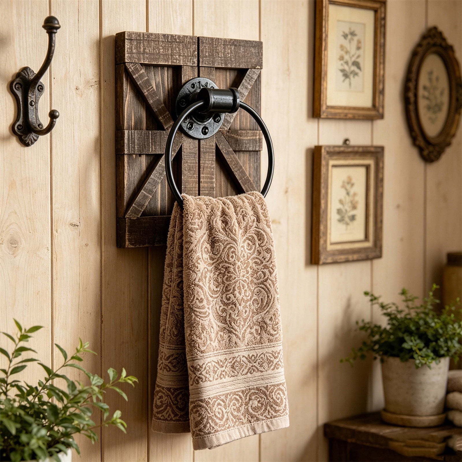 wall mounted vintage kitchen towel rack Towel Ring Wall Mounted Wooden Base Vintage Hand Towel Rack Bathroom Kitchen  Barn Door