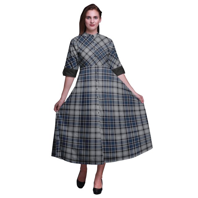 Bimba Robe Chemise à Carreaux Boutonnée Imprimée Col Mandarin Manches Retroussables - X-Grand