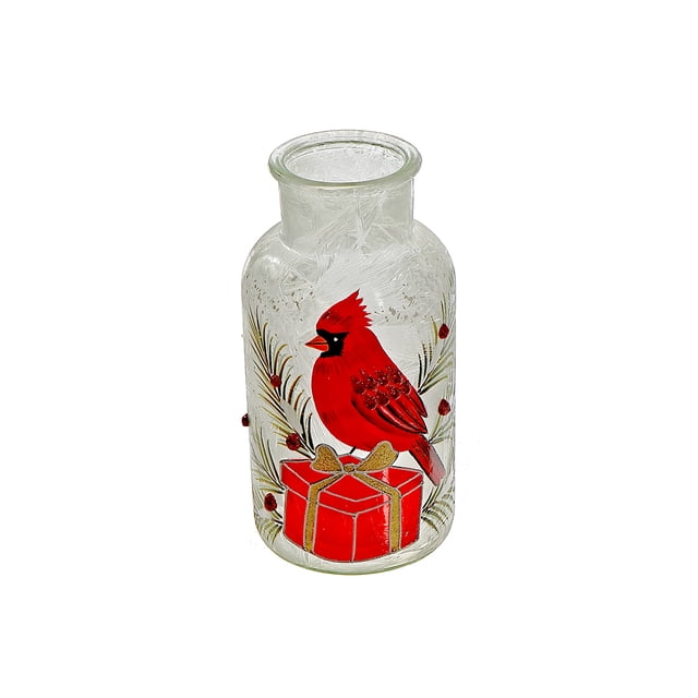 Pot Mason en Verre Givré avec un cardinal Rouge Perché sur une Boîte-Cadeau Rouge Attachée avec un Nœud Doré, Décoré de branches de Pin et de Baies Rouges sur Verre Givré, Mesurant 3,1 x 5,1 x 6,3 Pouces, Convient à la Déco des Fêtes Ou pour Tenir des Bougies.