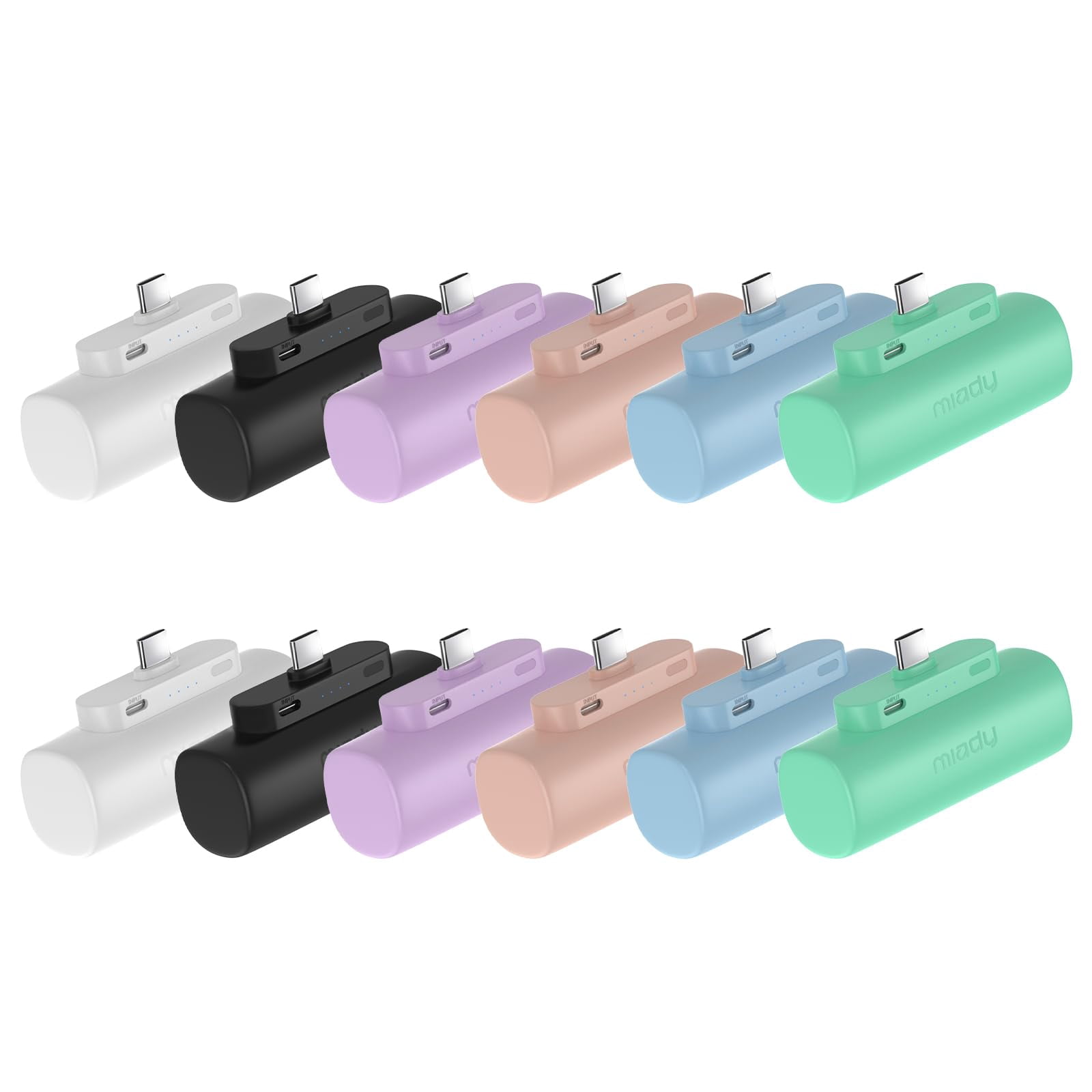 Miady 12-Pack 5000mAh Mini Portable Charger with Built-in Type C Connector, 5V 2.4A USB-C Output Fast Charging Small Power Bank (Black+White+Lake Gre