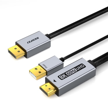 BENFEI DisplayPort 1.4 vers HDMI 2.1 Câble de 6 Pieds 8K@60Hz 4K@240Hz/165Hz/144Hz/120Hz, DP Unidirectionnel (Source) vers HDMI (Écran) avec Alimentation USB 5V/1A Prend en Charge HDR/DSC/HDCP 2.3 pour AMD NVIDIA PC