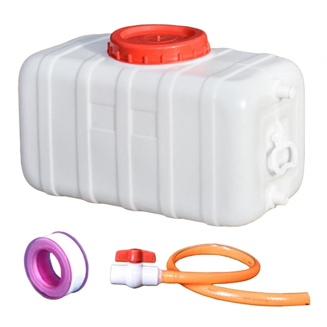 Drinking Water Container Emergency Water Storage Tank with Handle, white, 55 catties capacity. Designed for camp kitchen use, it features a large mouth for easy water collection and cleaning, durable PP material, and high-temperature resistance. Includes a sealing cover, hose, and valve for outdoor activities like camping, hiking, and picnics.