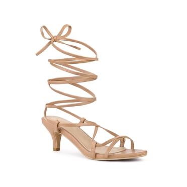 BLISSFUL STEP Women's Heels Strappy Lace Up Open Toe Kitten Heel Sandals Nude 6
