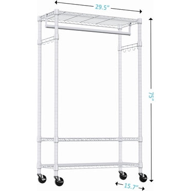 M MZG Heavy Duty Rolling Garment Rack with 3 Adjustable Wire Shelves, Hanging Rod & Side Hooks - Mobile Clothes Rack with Wheels, White, 29.5" W x 15.7" D x 75" H