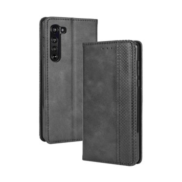Compatible with Motorola Moto Edge Case Magnetic Closure Vintage Pattern PU Leather Wallet Cover with Card Slots-Black