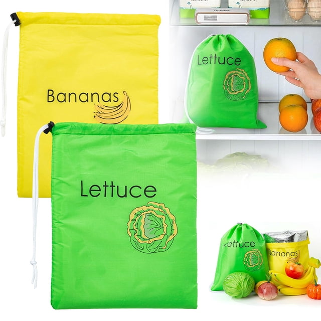 CGZQFEI Lettuce Keeper for Refrigerator with two reusable produce storage bags, one green labeled 'Lettuce' with a lettuce graphic and one yellow labeled 'Bananas' with a banana graphic. These breathable, washable bags feature drawstrings and foil lining for preserving fruits and vegetables. Displayed in a refrigerator and on a countertop with fresh produce.
