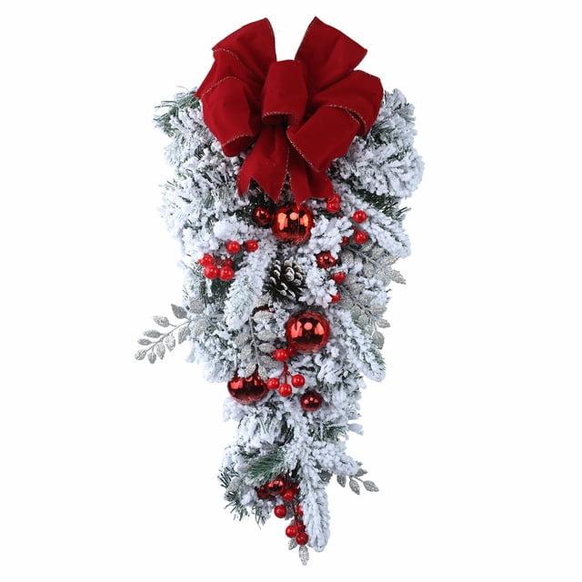 RXIRUCGD Artificial Christmas Wreath Christmas Swag with a snow-frosted finish, red ornaments, berries, pinecones, and a bold red bow. Measuring 45cm (17.71in), this PVC wreath is perfect for decorating doors, stair rails, fireplaces, or windows. Designed for indoor and outdoor use, it enhances festive Christmas décor.