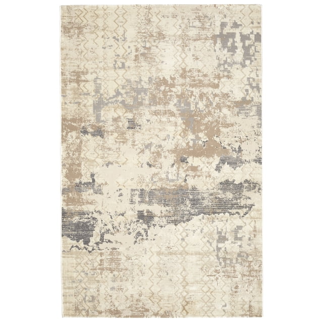 8' x 10' dark grey cream textured abstract rug by Viana, featuring a high-low pile with a blend of neutral beige, cream, and grey tones in an abstract pattern. Made from soft polypropylene, this stain-resistant and fade-resistant area rug is UV protected and easy to clean, ideal for accenting living spaces.