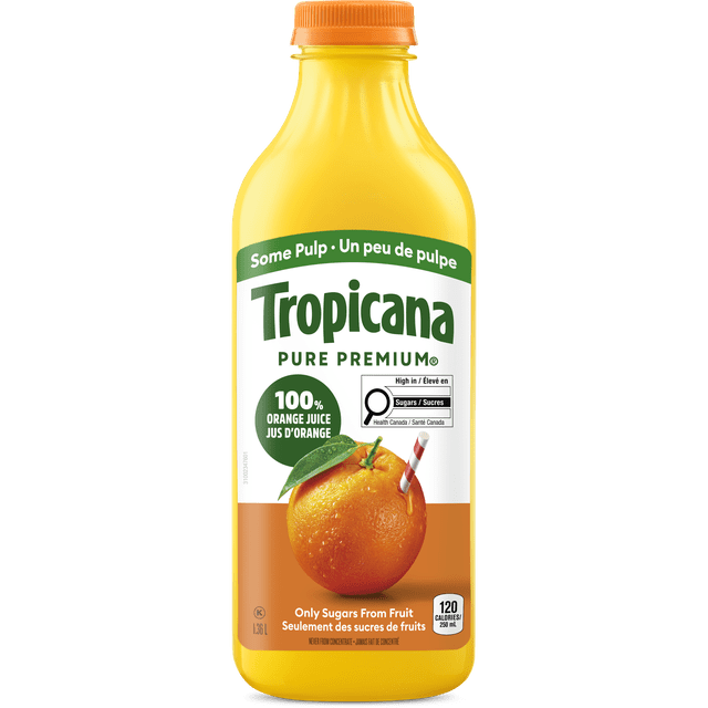 Tropicana 100% Orange Juice Some Pulp, 1.36L bottle with orange cap, front label featuring a fresh orange with a straw, highlighting pure natural orange juice with some pulp, 120 calories per 250 mL serving, and Canadian bilingual text.