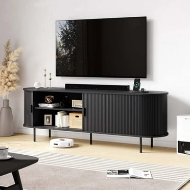 MARNUR 63" TV Stand Meuble Télé en Bois Noir, Style Moderne du Milieu du Siècle, avec Rangements et Étagères, 2 Portes Coulissantes à Tambour, Disponible pour un Téléviseur de 70 Pouces.