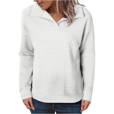 LMKIHUSA Chandail en Tricot Gaufré pour Femmes à Manches Longues, Col en V, Col à Revers, Chandail Athlétique Respirant et Léger, Hauts Décontractés, Vêtements Tendance Automne 2025, Blanc, P