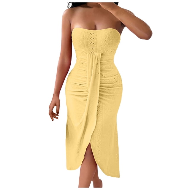 XDZJLR Robes pour Femmes Couleur Unie Sans Bretelles Ajustée Ourlet Irrégulier Robe de Loisirs