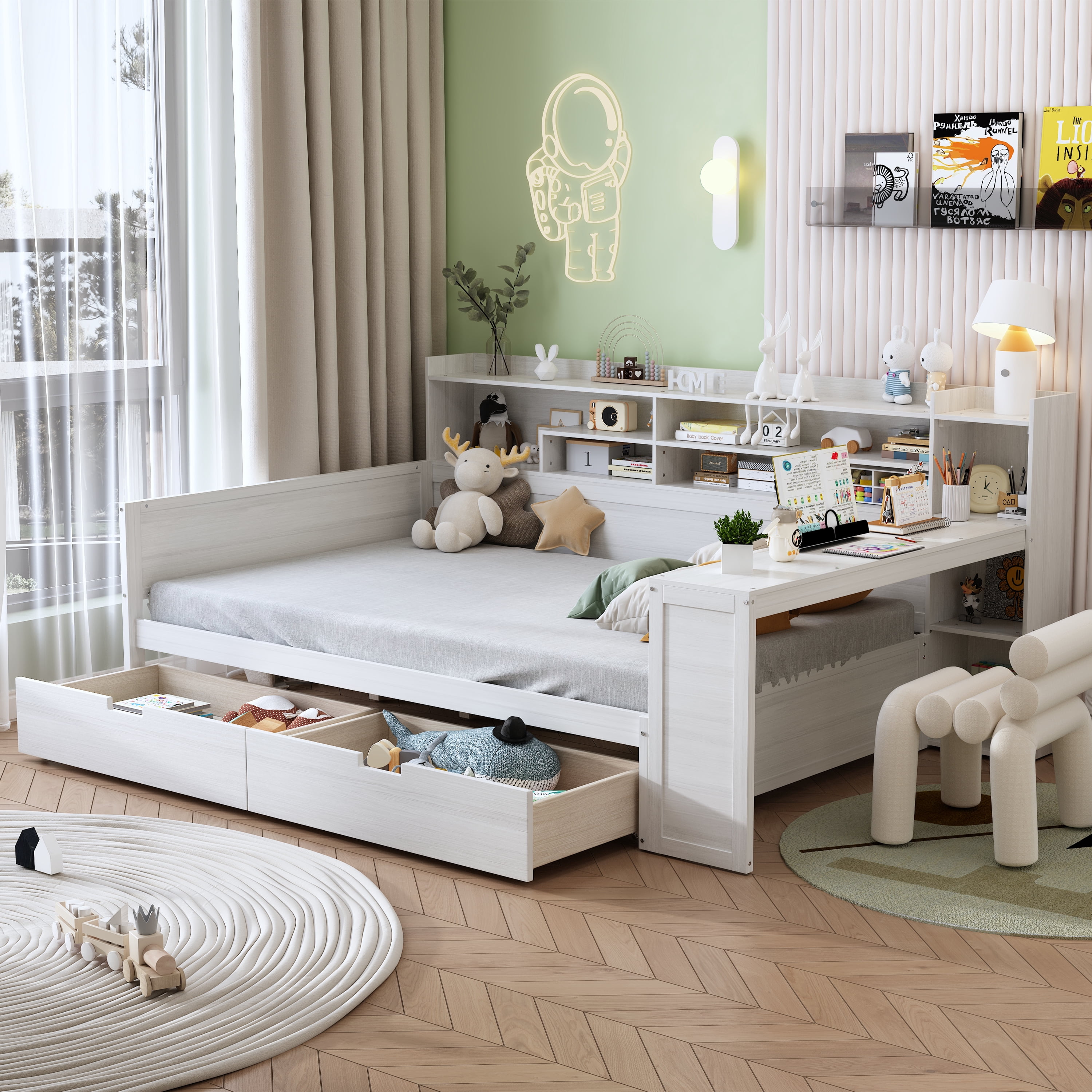 Homy Casa lit double 91,3 po avec tête de lit rangement, tiroirs et bureau latéral pour chambre d’enfant, blanc