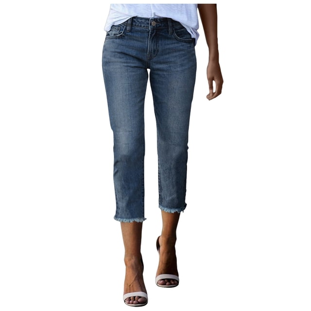 Women Fashion Capri Jeans Stretchy Distressed Hem Washed Straight Leg Denim Pants