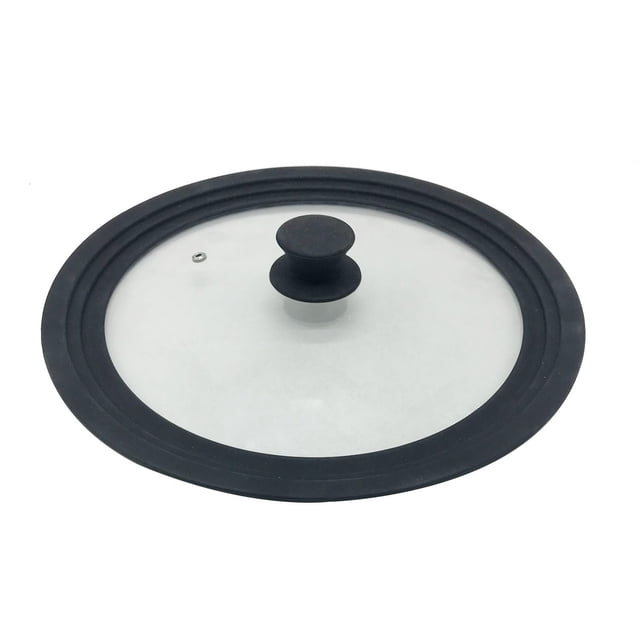 Mainstays Universal Lid for Pots, Pans, and Skillets, a 12.2-inch round glass lid with a black silicone rim and knob, fits 10- to 12-inch cookware, features a vent for even cooking, dishwasher safe, and ideal for reducing kitchen clutter.