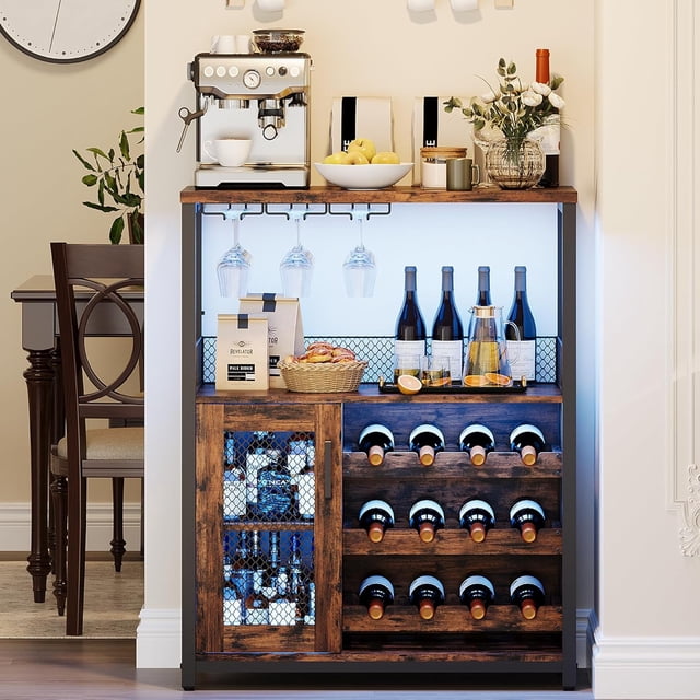 YUSAZENS Wine Bar Cabinet with LED Lights, Liquor Storage Cabinet with Detachable Wine Rack, Glass Holder & Mesh Door, Buffet Sideboard for Dining Room, Kitchen, Living Room, Rustic Brown