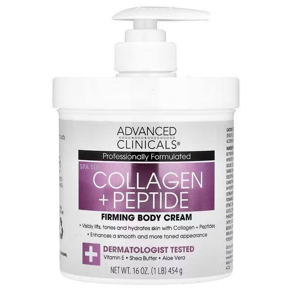Advanced Clinicals Crème Raffermissante pour le Corps au Collagène + Peptide dans un Contenant Format Spa de 16 oz (454 g) avec Distributeur à Pompe. la Crème Est Formulée Professionnellement pour Rehausser, Tonifier et Hydrater Visiblement la Peau à l'Aide de Collagène et de peptides. Elle Améliore une Apparence Lisse et Plus Tonifiée et Est Testée par des Dermatologues. le Produit Contient de la Vitamine E, du Beurre de Karité et de l'Aloès, et Est Sans Huile Minérale Ajoutée Ni Parabènes. le Contenant Blanc Présente des accents Violets