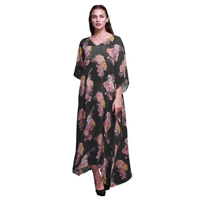 Bimba Kaftan de Plage Floral, Paréo de Bikini, Robe Maxi pour Femmes, Long Caftan-S-L